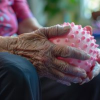 Senior  Holding Therapy Ball. Senior as she grips a therapy ball, demonstrating exercises possibly related to maintaining motor skills or rehabilitation in a well-lit therapy room. Alzheimer Senior  Holding Therapy Ball. Senior as she grips a therapy ball, demonstrating exercises possibly related to maintaining motor skills or rehabilitation in a well-lit therapy room. Alzheimer